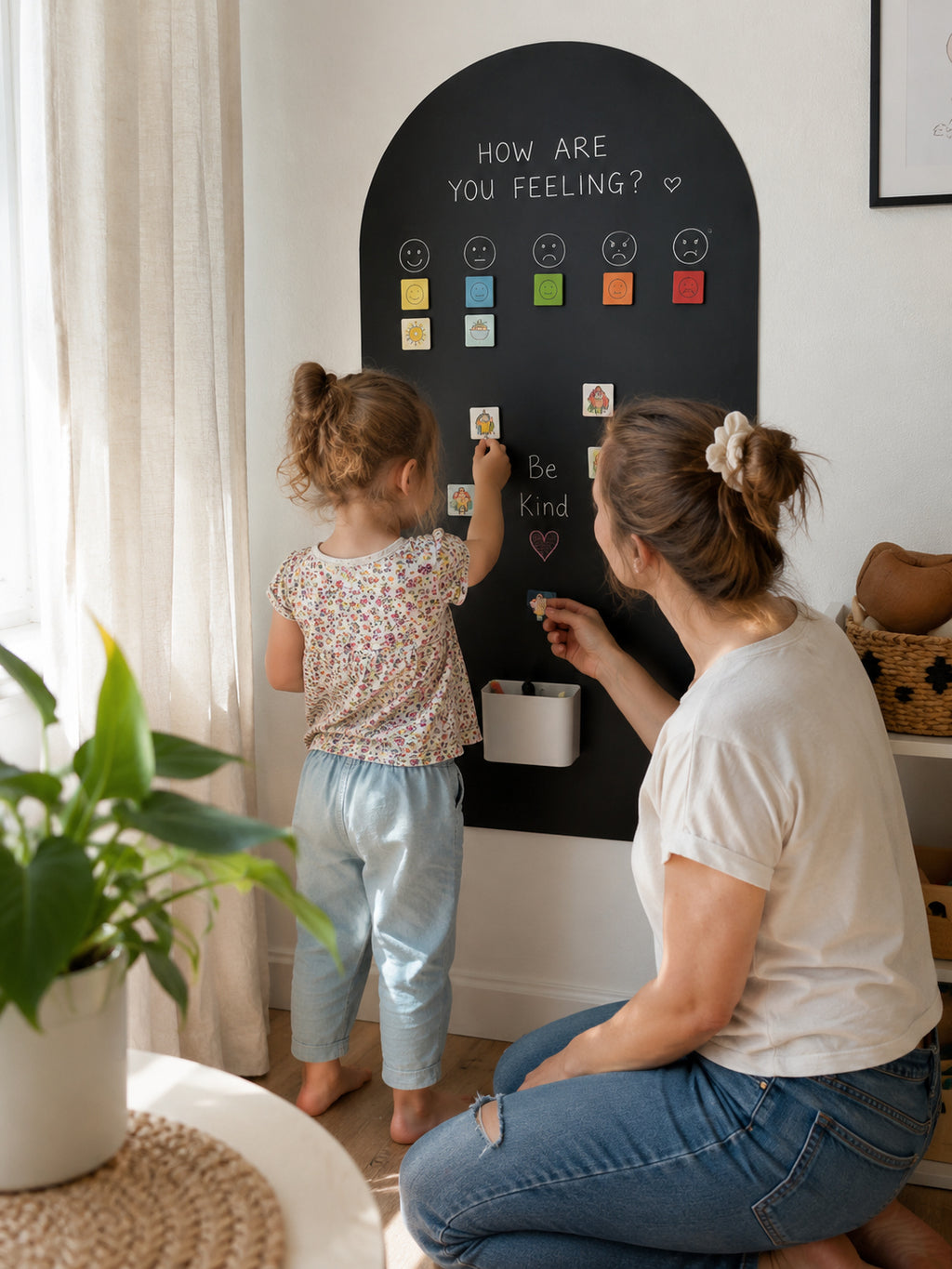 A woman kneels beside a young girl who is writing on a black arched wall chart in a bright room. The chart has smiley faces, color squares, and the words 'HOW ARE YOU FEELING?' and 'Be Kind'.