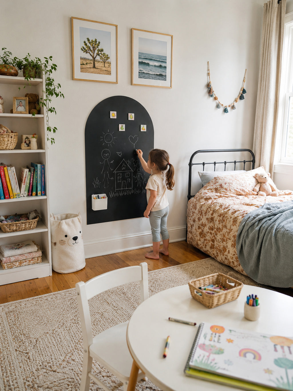 A young girl stands in a child's bedroom, writing on a black arched chalkboard mounted on the wall. The room features a bed with floral bedding, a white bookshelf filled with books and toys, a small white table with drawing supplies, and framed landscape prints above the chalkboard.