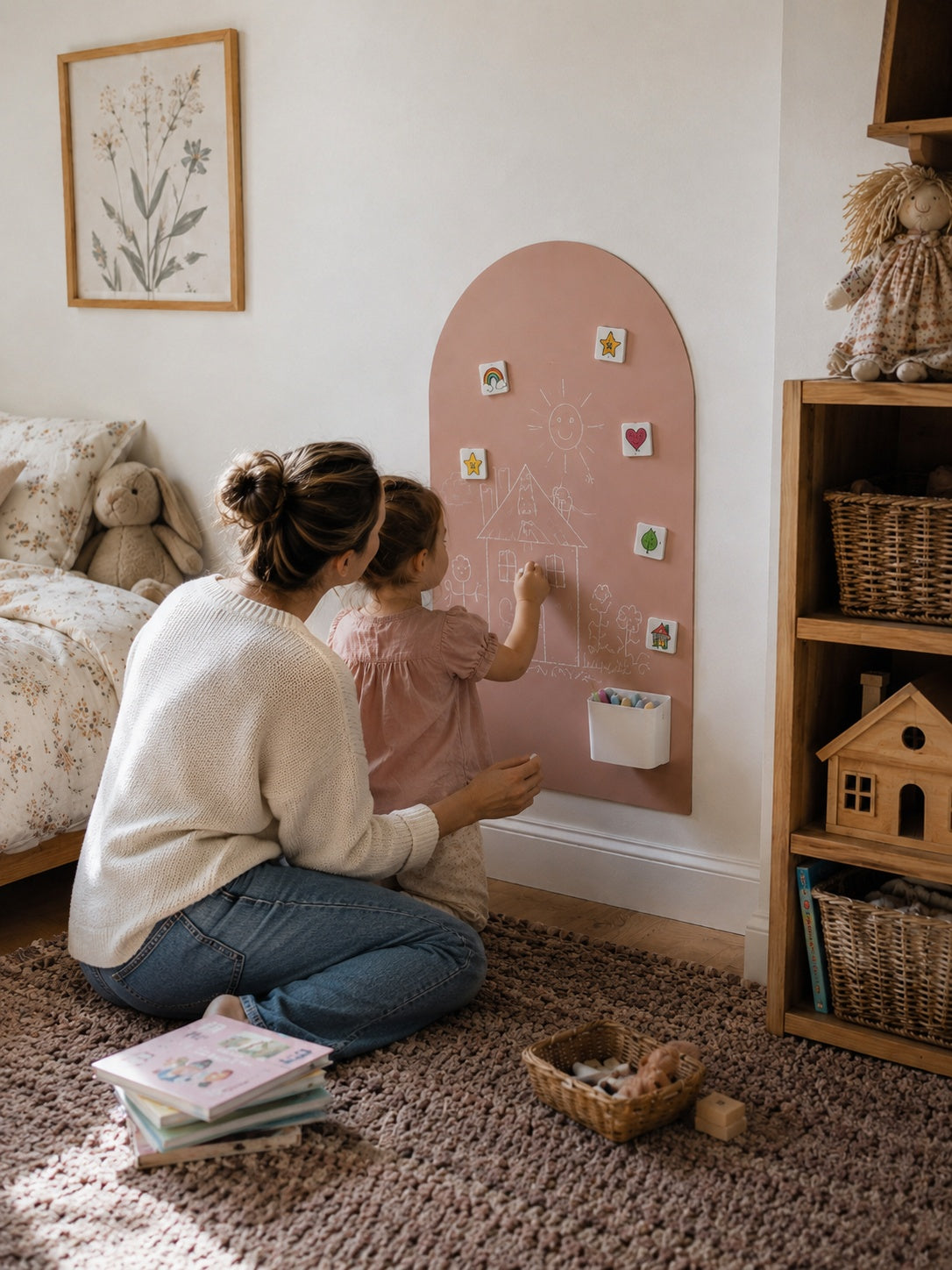 A woman and a young child kneel on a carpet in a child's bedroom, using a dusty pink arched wall-mounted play board with small stickers and chalk drawings. The room includes a bed, framed wall art, a wooden shelf with toys, and books on the floor.