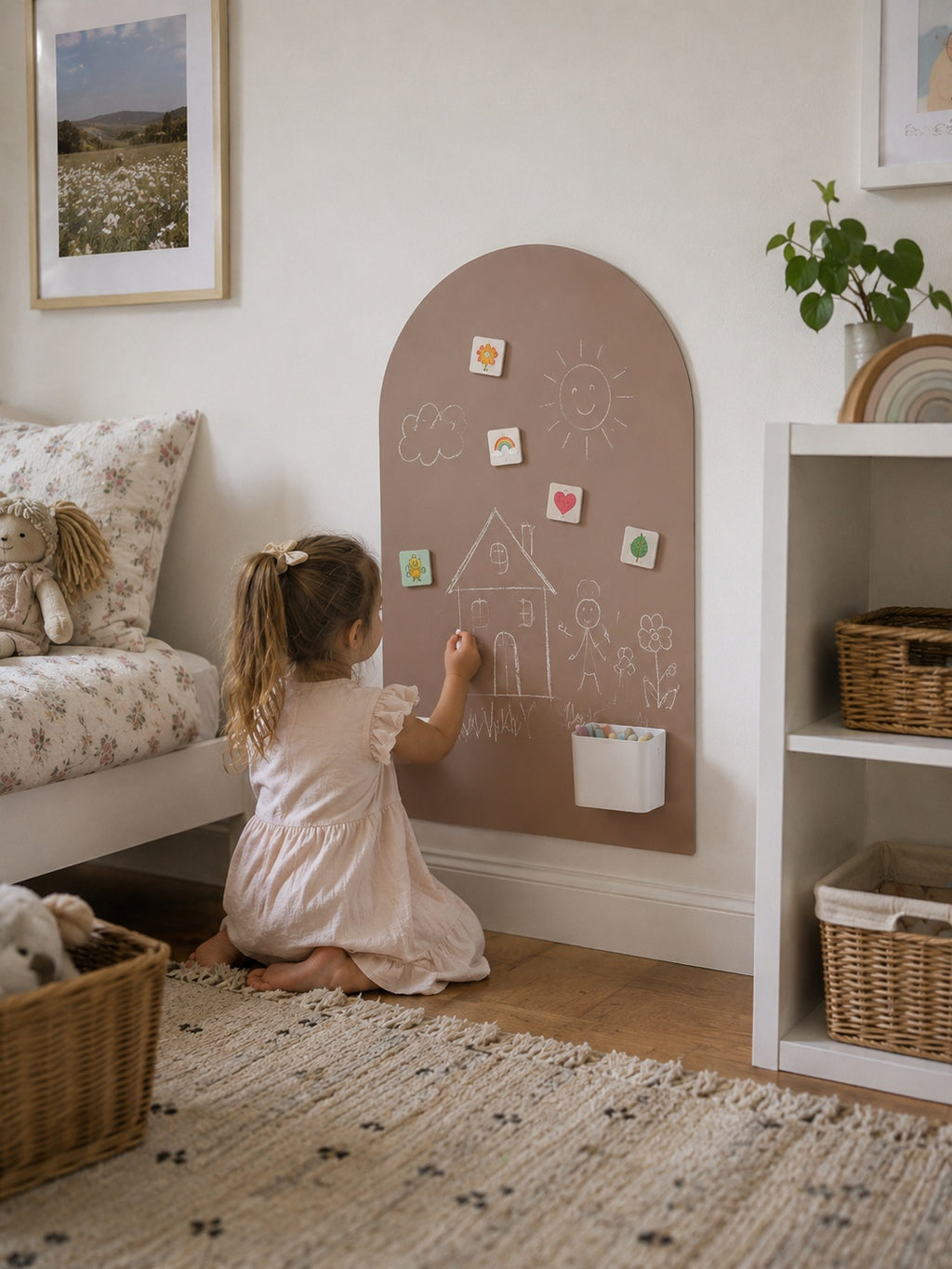 A young girl in a light pink dress kneels on a wooden floor in a child's bedroom, writing on a brown arched chalkboard wall. The room features a white bed with floral bedding, a white shelving unit with wicker baskets, and a neutral rug.