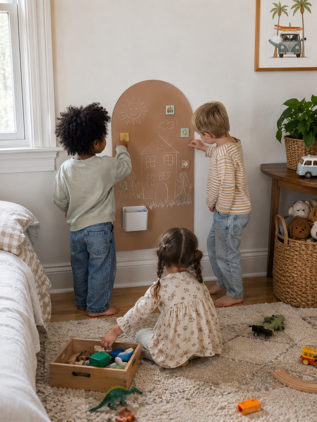 Three children play in a cozy child's room, interacting with a large arch-shaped wooden magnetic board on the wall. One child is writing on the board, while the other two look on and play with toys on the rug.