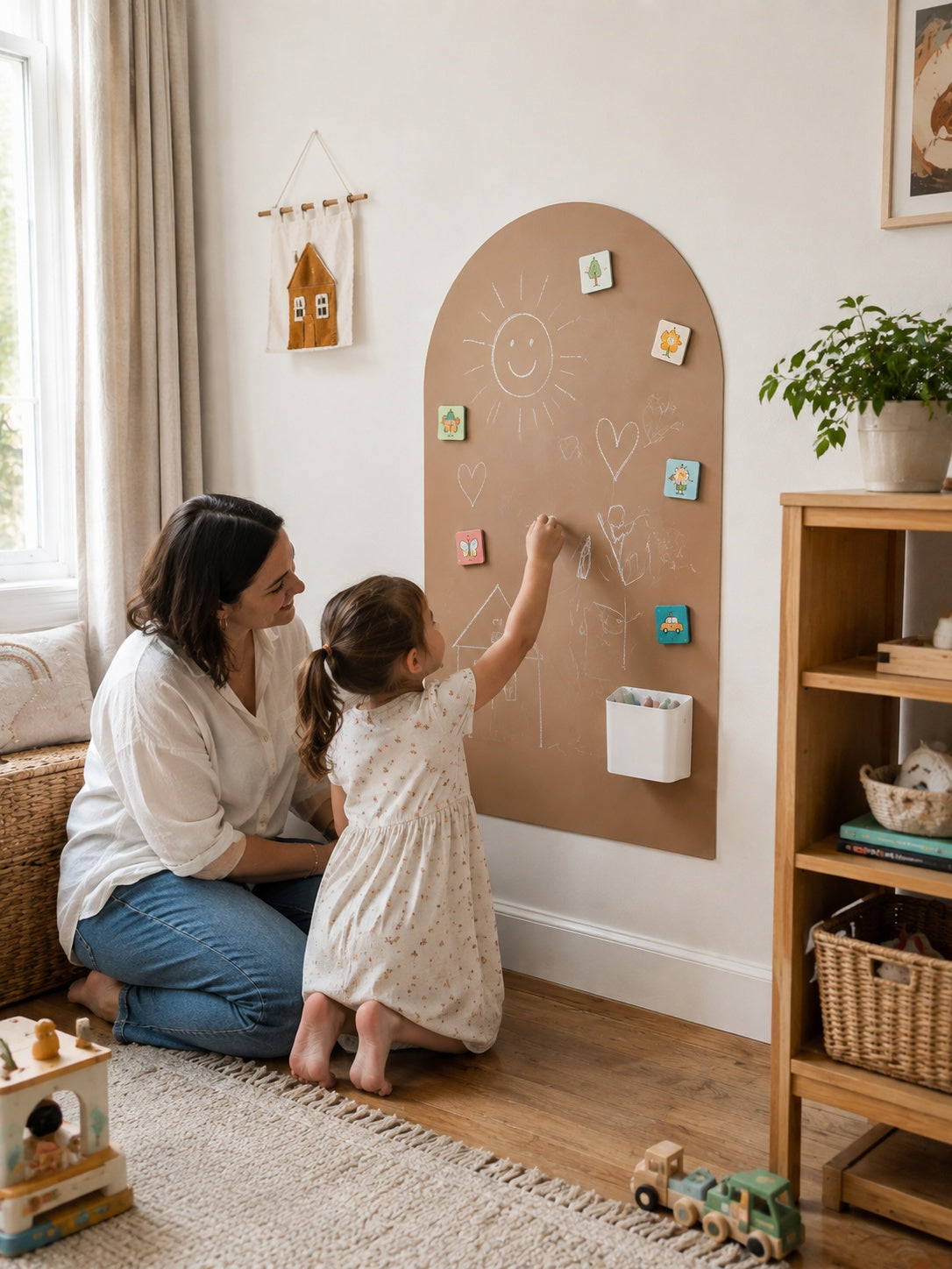 A woman and a young girl kneel on a wooden floor in a bright playroom, interacting with a large arch-shaped cork board wall. The girl is writing with a chalk-like stick, and small colorful cards are pinned to the board.