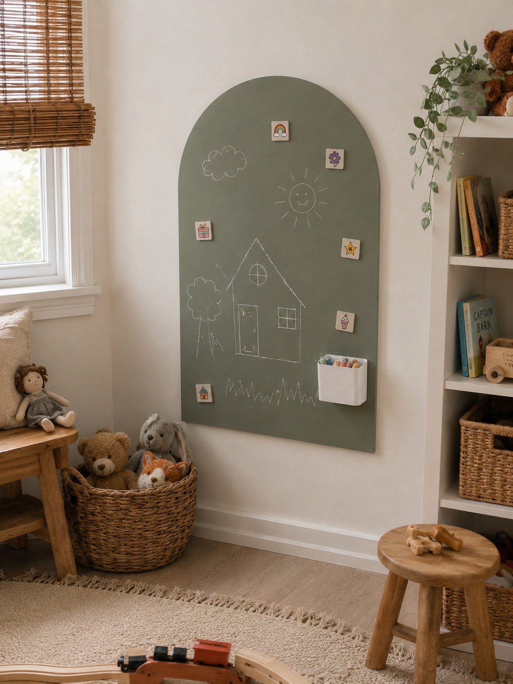 An arched sage green chalkboard wall hanging mounted on a white wall in a child's room. The board features hand-drawn white chalk illustrations of a house, sun, clouds, and trees, along with small colorful stickers and a white pencil cup.