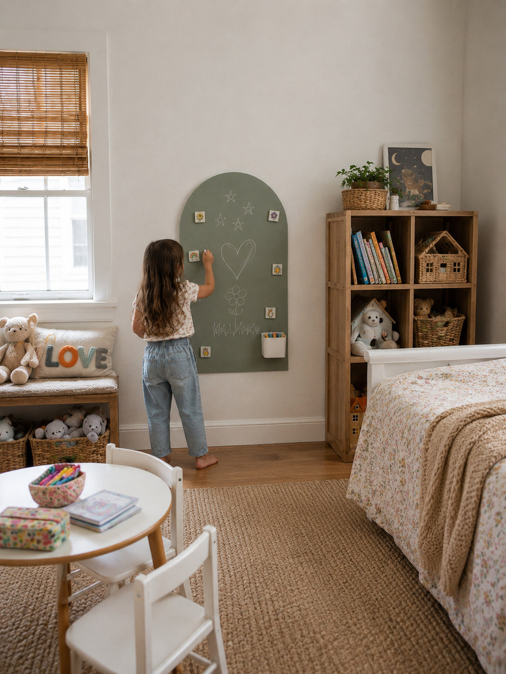 A young girl stands in a child's bedroom, writing on a green arched chalkboard mounted on the wall. The room features a floral-patterned bed, a wooden bookshelf, a small white table with chairs, and a window with a bamboo blind.