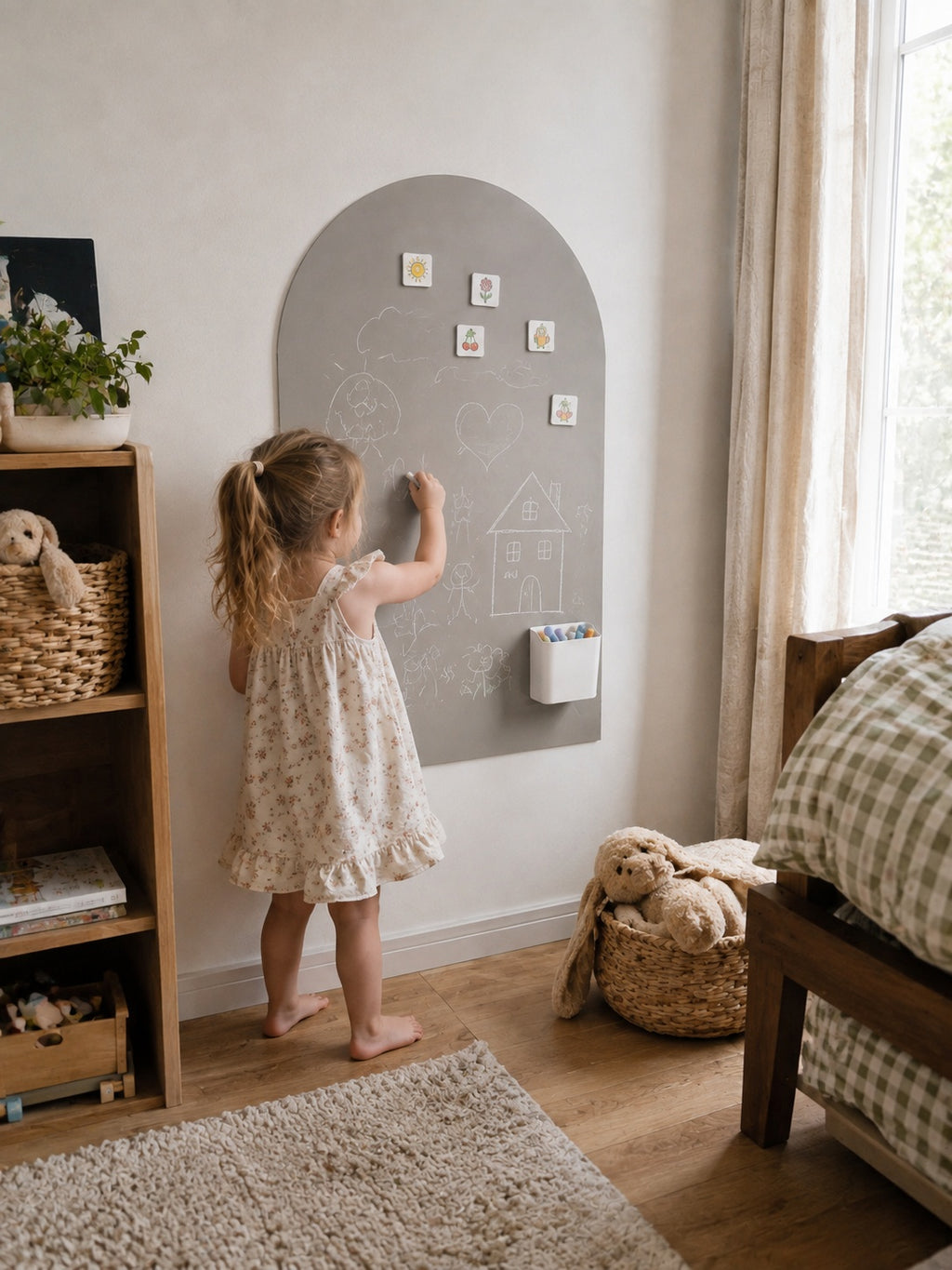 A young girl in a cream floral dress stands barefoot in a child's bedroom, writing on a gray arched chalkboard wall. The room features light wood floors, a beige rug, a wooden bookshelf, and a window with sheer curtains.