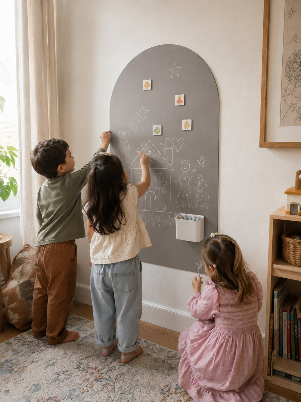 Three children play on a large gray chalkboard mounted on a wall in a bright, neutral-toned room. The chalkboard has an arched top and includes a small white storage bin holding crayons.