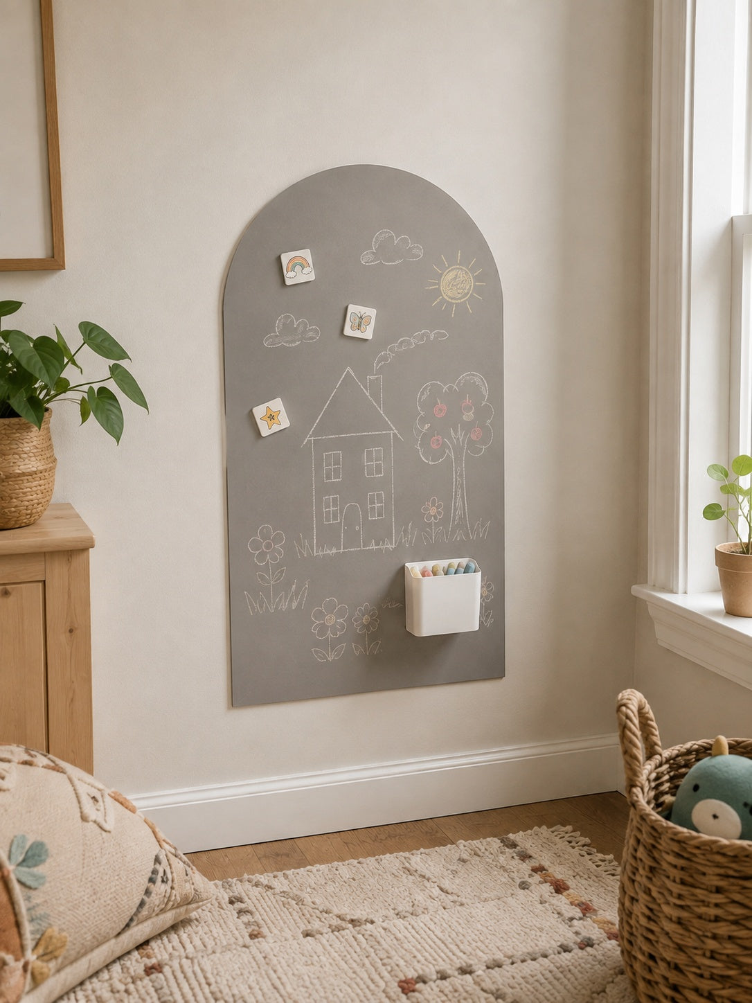 A gray arched children's chalkboard wall hanging mounted on a beige wall in a styled nursery or playroom. The board features hand-drawn chalk illustrations of a house, trees, clouds, and a sun, along with small white clips holding photos and a white hanging organizer cup containing colorful pens or pencils.